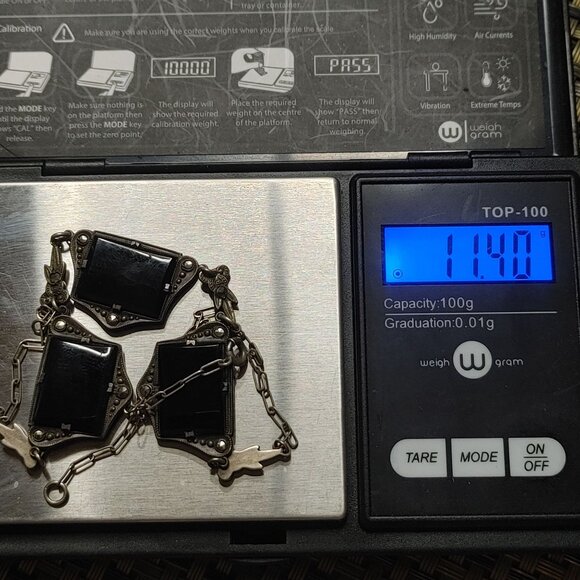 Antique Art Deco Black Glass Necklace Intricate Metalwork Floral Accents - Picture 2 of 13